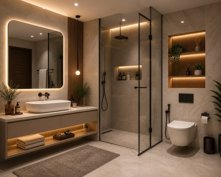 Sleek modern bathroom and wellness space background